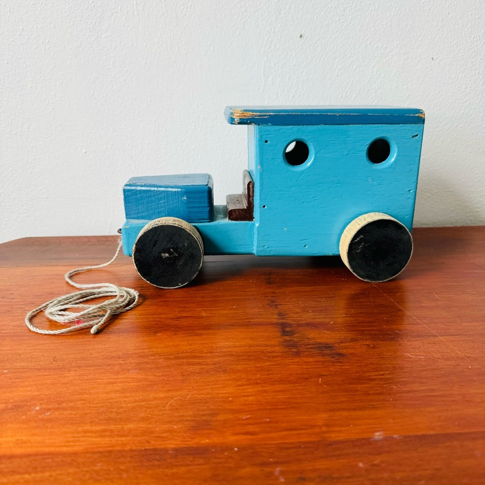 Antique handmade wood milk truck pull toy